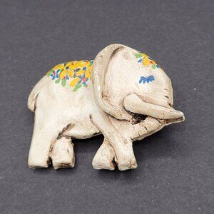Artisan Made Stoneware Lucky Elephant Pin Hand Painted Florals Vintage Signed